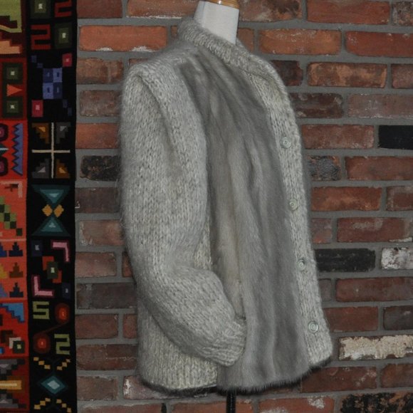 Silver MINK Fur Wool Knit Sweater Winter Cardigan Coat Jacket BIG SHOULDERS M - Picture 2 of 4